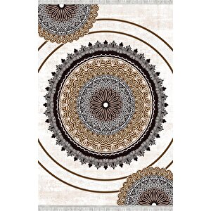 Kahverengi Bej Tonlarda Mandala Desenli Dijital Baskılı Kaymaz Tabanlı Halı