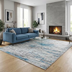 Gri Mavi Modern Dokulu Dijital Baskılı Kaymaz Tabanlı Halı 120x950 cm