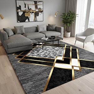 Gri Ve Altın Renklerde Modern Geometrik Desenli Dijital Baskılı Halı – Kaymaz Tabanlı, Üçgen Ve Elmas Formlu Şık Salon Ve Oda Halı 80x550 cm