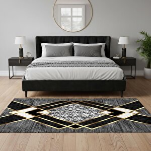 Gri Ve Altın Renklerde Modern Geometrik Desenli Dijital Baskılı Halı – Kaymaz Tabanlı, Üçgen Ve Elmas Formlu Şık Salon Ve Oda Halı 80x550 cm