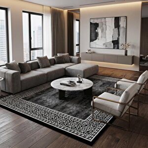 Siyah Beyaz Geometrik Desenli Dijital Baskılı Kaymaz Tabanlı Halı 200x450 cm