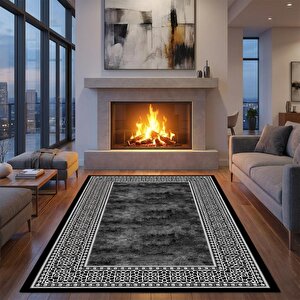 Siyah Beyaz Geometrik Desenli Dijital Baskılı Kaymaz Tabanlı Halı 200x450 cm