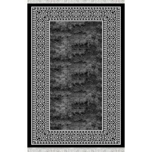 Siyah Beyaz Geometrik Desenli Dijital Baskılı Kaymaz Tabanlı Halı