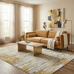 Krem Hardal Sarı Modern Dokulu Dijital Baskılı Kaymaz Tabanlı Halı 160x250 cm