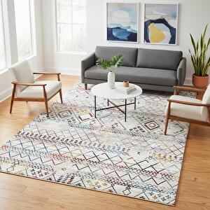 Krem Ve Çok Renkli Etnik Desenli Dijital Baskılı Halı Kaymaz Tabanlı, Modern Boho Çizgili Salon Ve Oda Halısı 80x250 cm