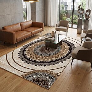 Kahverengi Bej Tonlarda Mandala Desenli Dijital Baskılı Kaymaz Tabanlı Halı 80x300 cm