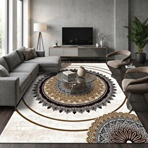 Kahverengi Bej Tonlarda Mandala Desenli Dijital Baskılı Kaymaz Tabanlı Halı 120x850 cm