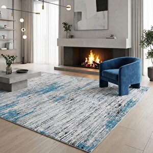 Gri Mavi Modern Dokulu Dijital Baskılı Kaymaz Tabanlı Halı 120x400 cm