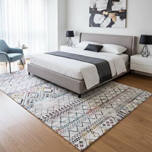 Krem Ve Çok Renkli Etnik Desenli Dijital Baskılı Halı Kaymaz Tabanlı, Modern Boho Çizgili Salon Ve Oda Halısı 80x300 cm