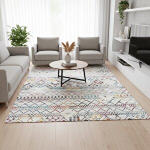 Krem Ve Çok Renkli Etnik Desenli Dijital Baskılı Halı Kaymaz Tabanlı, Modern Boho Çizgili Salon Ve Oda Halısı 80x80 cm