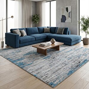 Gri Mavi Modern Dokulu Dijital Baskılı Kaymaz Tabanlı Halı 80x150 cm