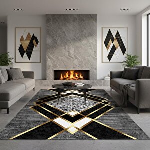 Gri Ve Altın Renklerde Modern Geometrik Desenli Dijital Baskılı Halı – Kaymaz Tabanlı, Üçgen Ve Elmas Formlu Şık Salon Ve Oda Halı 200x300 cm