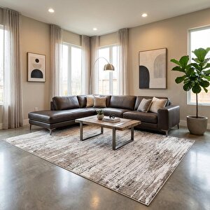 Krem Kahve Modern Dokulu Dijital Baskılı Kaymaz Tabanlı Halı 200x290 cm