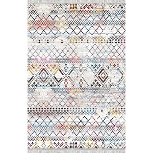 Krem Ve Çok Renkli Etnik Desenli Dijital Baskılı Halı Kaymaz Tabanlı, Modern Boho Çizgili Salon Ve Oda Halısı