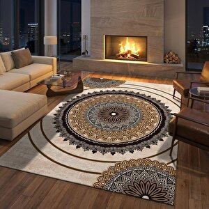 Kahverengi Bej Tonlarda Mandala Desenli Dijital Baskılı Kaymaz Tabanlı Halı 80x950 cm