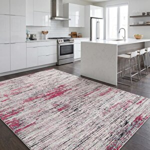 Gri Pembe Modern Dokulu Dijital Baskılı Kaymaz Tabanlı Halı 100x800 cm