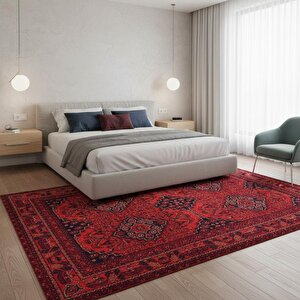 Kırmızı Lacivert Geleneksel Desenli Dijital Baskılı Halı – Kaymaz Tabanlı, Doğu Motifli Klasik Salon Ve Oda Halısı 200x350 cm