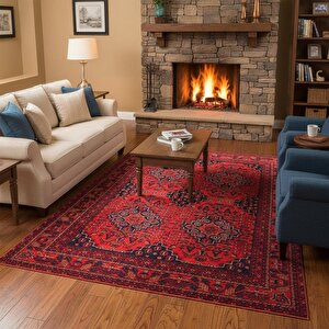 Kırmızı Lacivert Geleneksel Desenli Dijital Baskılı Halı – Kaymaz Tabanlı, Doğu Motifli Klasik Salon Ve Oda Halısı 160x700 cm