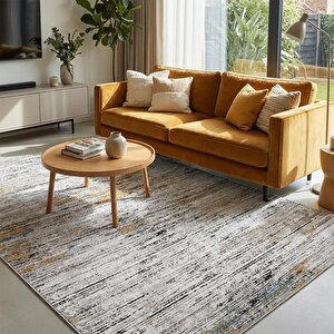 Gri Sarı Modern Dokulu Dijital Baskılı Kaymaz Tabanlı Halı 80x900 cm