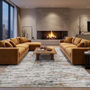 Gri Sarı Modern Dokulu Dijital Baskılı Kaymaz Tabanlı Halı 80x900 cm