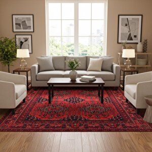 Kırmızı Lacivert Geleneksel Desenli Dijital Baskılı Halı – Kaymaz Tabanlı, Doğu Motifli Klasik Salon Ve Oda Halısı 120x650 cm