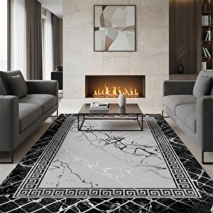 Siyah Gri Mermer Desenli Dijital Baskılı Halı Kaymaz Taban Modern Geometrik Çerçeve Salon Oda Halısı 100x200 cm
