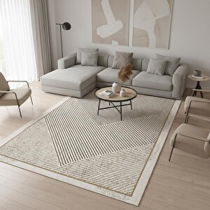 Dijital Baskılı Kahve–bej Modern Halı – Kaymaz Tabanlı Geometrik Desenli Kolay Temizlenebilir 200x600 cm