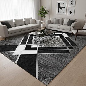 Siyah Gri Modern Geometrik Desenli Dijital Baskılı Halı – Kaymaz Tabanlı, Üçgen Ve Elmas Formlu Şık Salon Ve Oda Halısı 100x750 cm