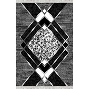 Siyah Gri Modern Geometrik Desenli Dijital Baskılı Halı – Kaymaz Tabanlı, Üçgen Ve Elmas Formlu Şık Salon Ve Oda Halısı