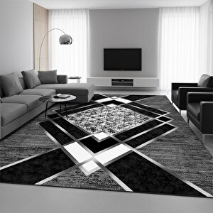 Siyah Gri Modern Geometrik Desenli Dijital Baskılı Halı – Kaymaz Tabanlı, Üçgen Ve Elmas Formlu Şık Salon Ve Oda Halısı 160x200 cm