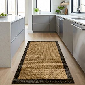 Bej Dokulu Hasır Efektli Dijital Baskılı Kaymaz Tabanlı Halı 120x700 cm