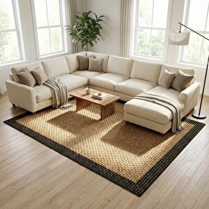 Bej Dokulu Hasır Efektli Dijital Baskılı Kaymaz Tabanlı Halı 120x700 cm