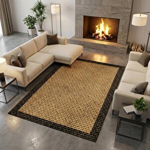 Bej Dokulu Hasır Efektli Dijital Baskılı Kaymaz Tabanlı Halı 120x180 cm