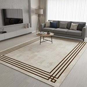 Kahve Bej Modern Çerçeve Desenli Dijital Baskılı Halı – Kaymaz Tabanlı, Minimal Dokulu Şık Salon Ve Oda Halısı 120x1000 cm