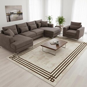 Kahve Bej Modern Çerçeve Desenli Dijital Baskılı Halı – Kaymaz Tabanlı, Minimal Dokulu Şık Salon Ve Oda Halısı 120x1000 cm