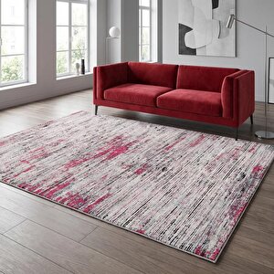 Gri Pembe Modern Dokulu Dijital Baskılı Kaymaz Tabanlı Halı 100x350 cm