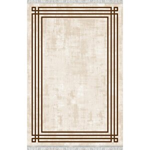 Kahve Bej Modern Çerçeve Desenli Dijital Baskılı Halı – Kaymaz Tabanlı, Minimal Dokulu Şık Salon Ve Oda Halısı