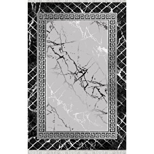 Siyah Gri Mermer Desenli Dijital Baskılı Halı Kaymaz Taban Modern Geometrik Çerçeve Salon Oda Halısı