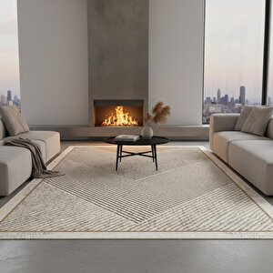Dijital Baskılı Kahve–bej Modern Halı – Kaymaz Tabanlı Geometrik Desenli Kolay Temizlenebilir 120x180 cm
