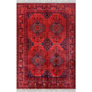 Kırmızı Lacivert Geleneksel Desenli Dijital Baskılı Halı – Kaymaz Tabanlı, Doğu Motifli Klasik Salon Ve Oda Halısı