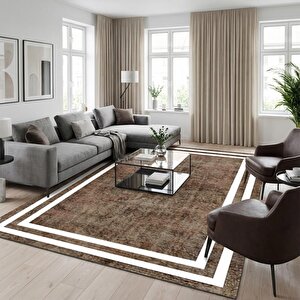 Kahverengi Beyaz Modern Çerçeve Desenli Dijital Baskılı Kaymaz Tabanlı Halı 120x950 cm