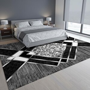 Siyah Gri Modern Geometrik Desenli Dijital Baskılı Halı – Kaymaz Tabanlı, Üçgen Ve Elmas Formlu Şık Salon Ve Oda Halısı 200x200 cm