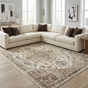 Krem Eskitme Desenli Dijital Baskılı Kaymaz Tabanlı Halı 160x230 cm