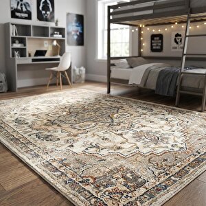 Krem Eskitme Desenli Dijital Baskılı Kaymaz Tabanlı Halı 160x230 cm