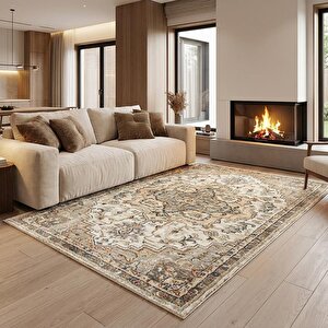 Krem Eskitme Desenli Dijital Baskılı Kaymaz Tabanlı Halı 80x150 cm