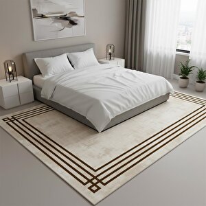 Kahve Bej Modern Çerçeve Desenli Dijital Baskılı Halı – Kaymaz Tabanlı, Minimal Dokulu Şık Salon Ve Oda Halısı 80x80 cm