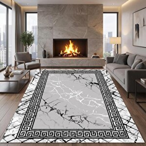 Gri Mermer Desenli Dijital Baskılı Kaymaz Tabanlı Modern Halı 120x250 cm