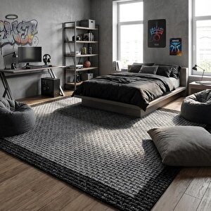 Gri Dokulu Hasır Efektli Modern Dijital Baskılı Kaymaz Tabanlı Halı 160x500 cm