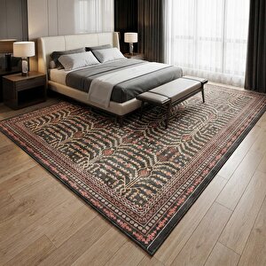 Kahve Tonlu Dijital Baskılı Kaymaz Tabanlı Klasik Desenli Halı 100x200 cm
