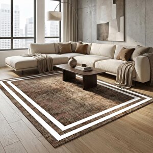 Kahverengi Beyaz Modern Çerçeve Desenli Dijital Baskılı Kaymaz Tabanlı Halı 120x180 cm